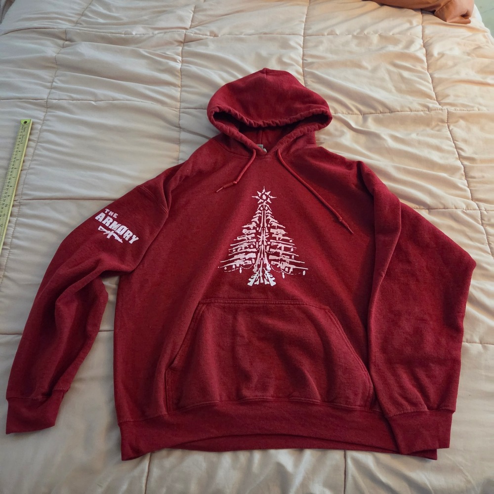 Gildan The Armory Red Christmas Tree Firearm Graphic Hoodie XL Heavy Blend